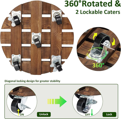 2Pack Plant Caddy 12’’Wood Duty round Plant Roller with 2 360° Lockable Caster Wheels