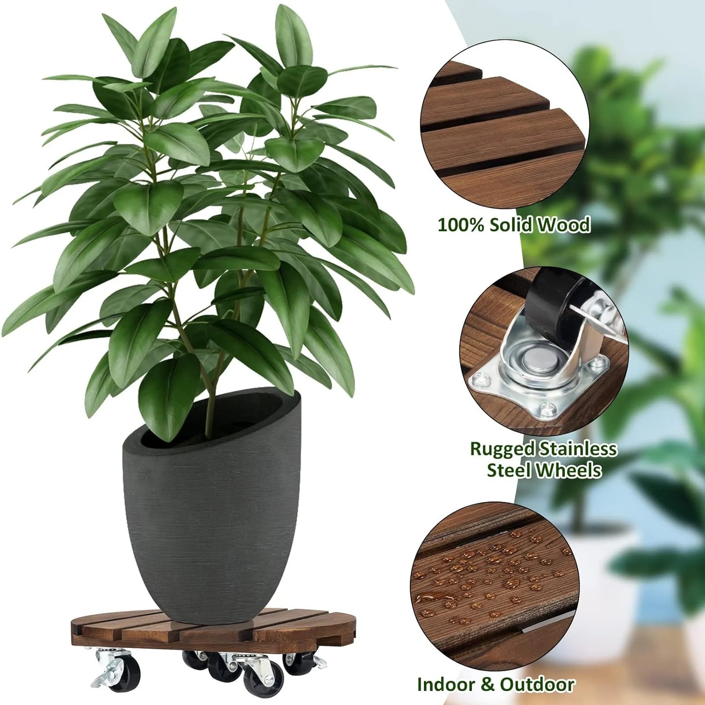 2Pack Plant Caddy 12’’Wood Duty round Plant Roller with 2 360° Lockable Caster Wheels